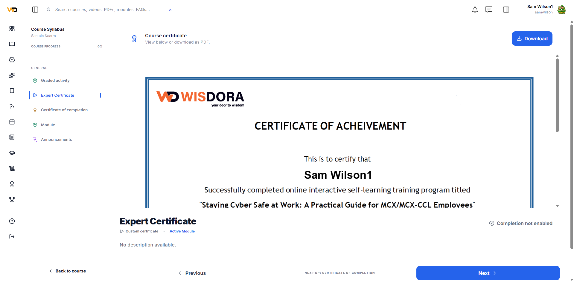 Wisdora LMS course certificate download and completion view