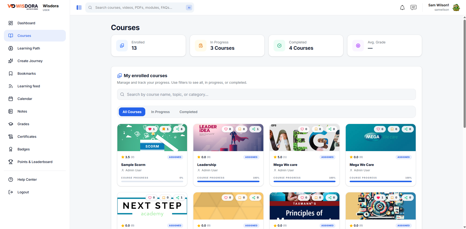 Wisdora LMS courses — enrolled, in progress and completed training