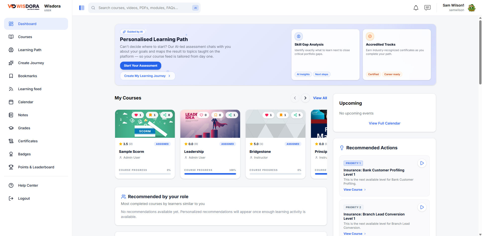 Wisdora LMS dashboard — personalised learning path, courses and progress
