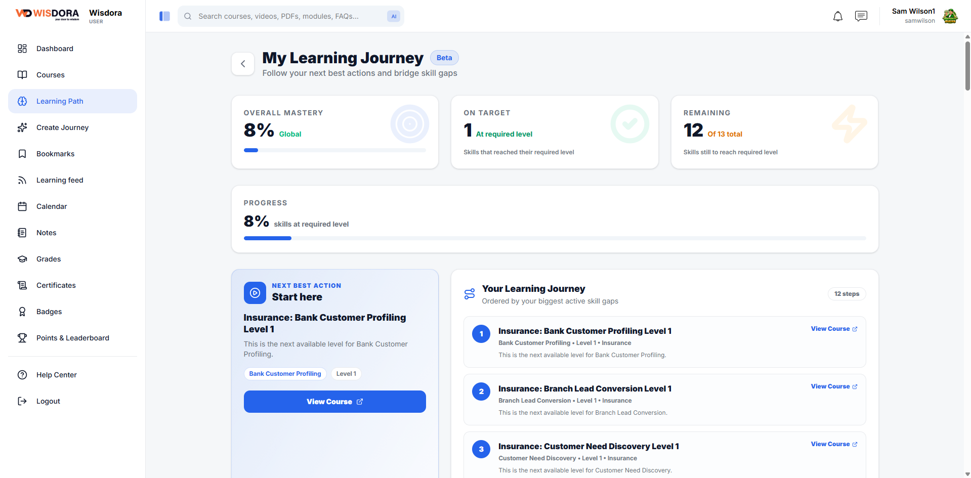Wisdora LMS learning path — skill mastery and next best actions